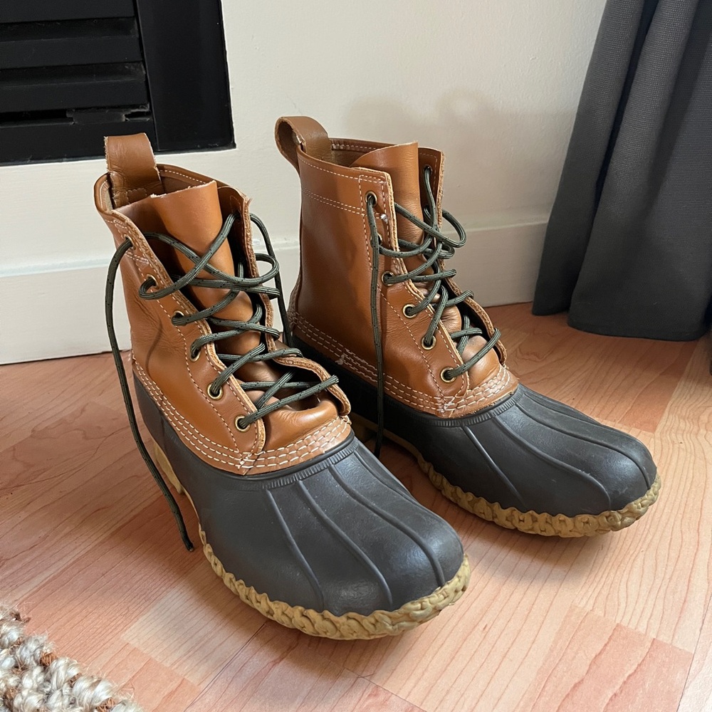 Women's LL Bean Tan and Gray Duck Rubber Bean Boots